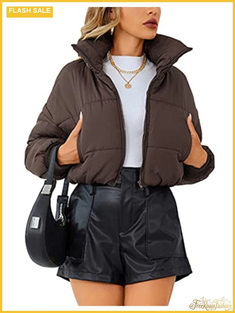 Womens Lightweight Quilted Puffer Zip Jacket Cropped Winter Coat